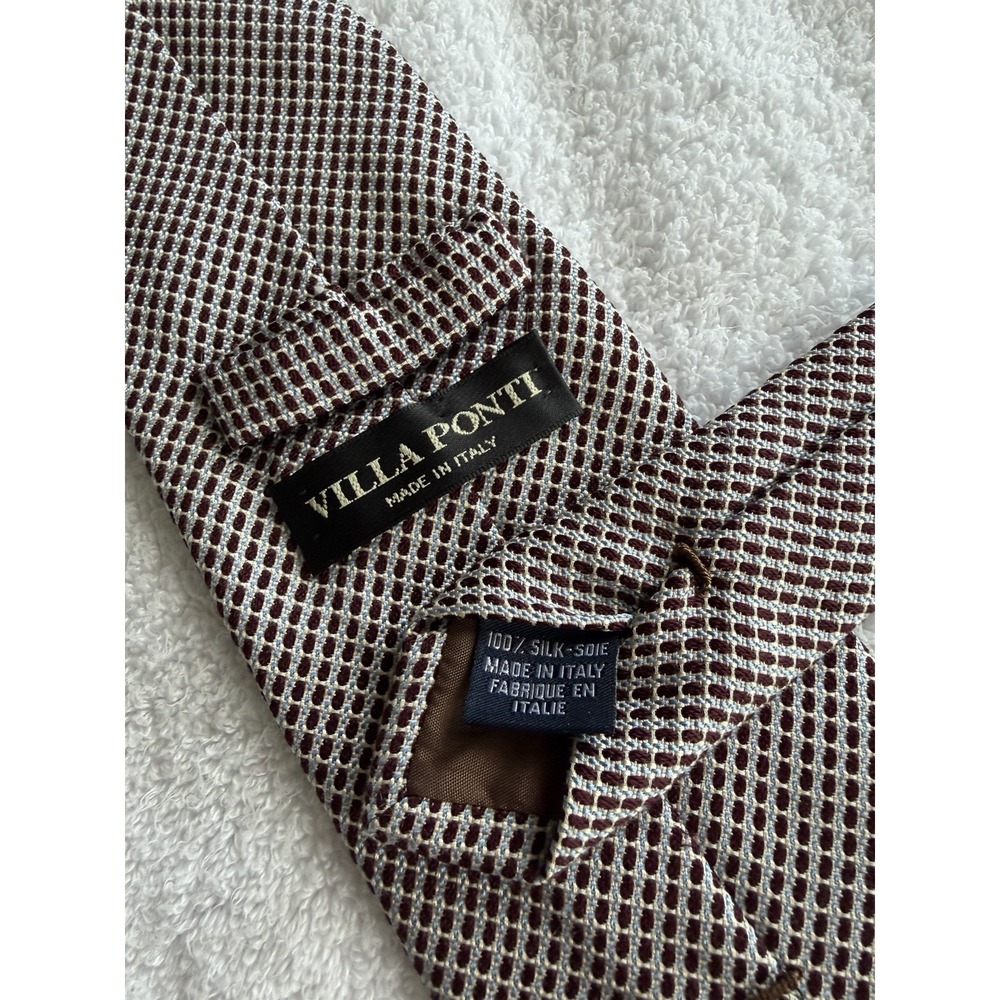Villa Ponti	Blue Brown Micro Geometric Woven Jacquard Long 100% Silk Necktie XL